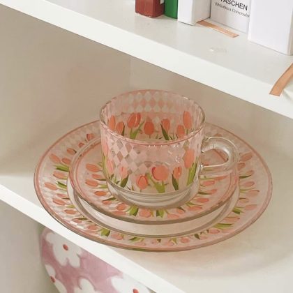 Glass Cups, Tulip Flower Coffee Mug, 2 Pieces/Set