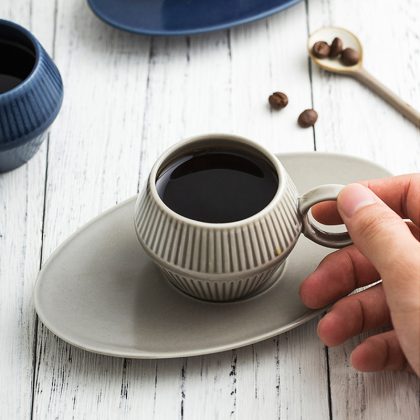 Espresso Mug Saucer Set with Nordic Style Roman Vertical Stripes Ceramic Mugs